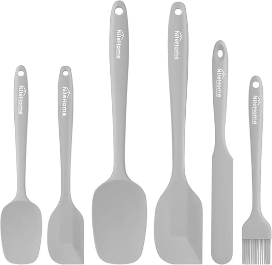 NileHome Silicone Spatula Set, 6 Pieces Food Grade Kitchen Utensils with Silicone Brush Heat Resistant Dishwasher Safe BPA-Free Rubber Spatula for Scraping, Baking, Cooking, Mixing-Grey