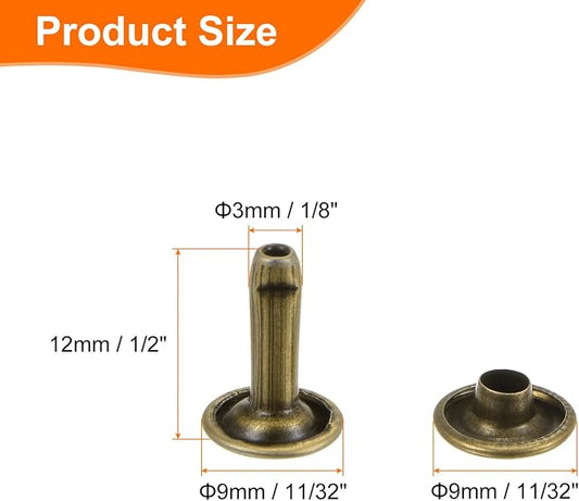 HARFINGTON 100 Sets Double Cap Leather Rivets, 9x12mm Round Cap Tubular Metal Studs Leather Crafting Rivets for Fabric Belt Pet Collar Boot Bag Repair and Decoration, Bronze