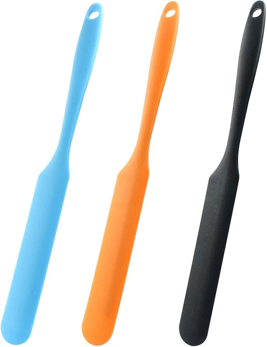 Hitefu 3 Pcs Silicone Jar Spatulas, Non-Stick Scraper Tools for Baking Cake & Spraying Butter Cream (Black, Blue & Orange)