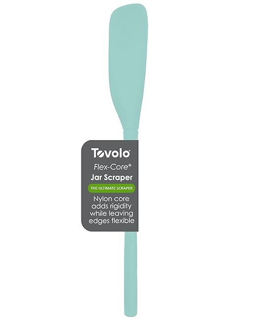 Tovolo Silicone Jar Spatula Long Handled Rubber Scraping Scooping Tool for Peanut Butter Jam Jelly Jars Blenders, Extra Long Flex Core Silicone Jar Scraper Dishwasher Safe BPA Free, Aqua Seafoam Green