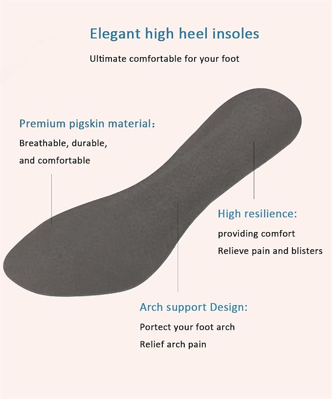 2 Pairs Pigskin High Heel Cushion Inserts, Anti-Slip Shoe Inserts for Dress Shoes Pain Relief, Adhesive Arch Support Sandal Insoles, Leather Cushioning Heel Insoles, Women M 7.5-9