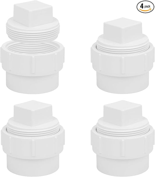 4Pack 2" PVC Sewer Cleanout Adapter with Plug Pipe Fitting SCH40 PVC DWV Flush Female Sewer Cleanout Cap Cover for Drainage Piping System, Outdoor Garden, RV
