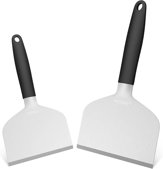 Stainless Steel Griddle Scraper, 5.3" & 4.5" Wide, Heavy Duty Metal Scraper, Sharp Blade and Full Tang Silicone Handle, Great BBQ Cleaning Kit for Flat Top Grill & Griddle Accessories (2 Pack)