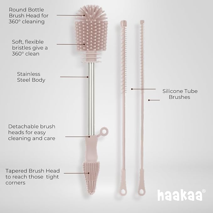 Haakaa Silicone Cleaning Brush Kit – Household Cleaning Brushes for Bottles and Crevices – Food-Grade Silicone: Dishwasher Safe (Kit-Mist Blue)
