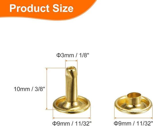 HARFINGTON 100 Sets Double Cap Leather Rivets, 9x10mm Round Cap Tubular Metal Studs Leather Crafting Rivets for Fabric Belt Pet Collar Boot Bag Repair and Decoration, Gold