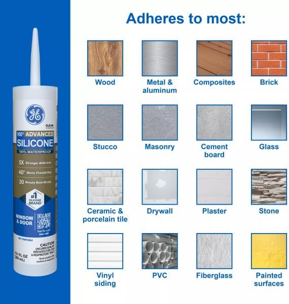 GE Advanced Silicone Caulk for Window & Door, White, 10 fl oz Cartridge, 12 Pack - 100% Waterproof Silicone Sealant, 5X Stronger Adhesion, Shrink & Crack Resistant