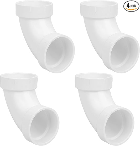 4Pack 2" PVC DWV Sanitary 90-Degree Elbow (Socket x Socket) White SCH40 2" PVC DWV 90° Elbow Pipe Fittings Connectors for Drain, Waste, Vent