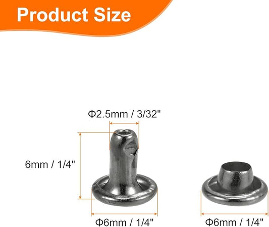 HARFINGTON 100 Sets Double Cap Leather Rivets, 6x6mm Round Cap Tubular Metal Studs Leather Crafting Rivets for Fabric Belt Pet Collar Boot Bag Repair and Decoration, Gunmetal