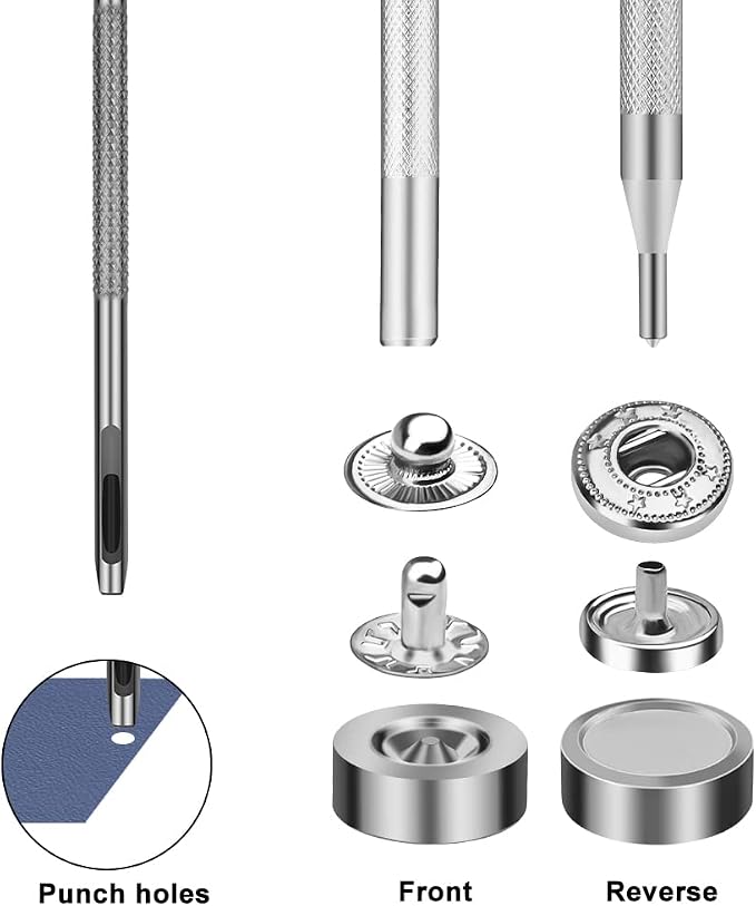 TLKKUE 50 Sets Leather Snap Fasteners Kit 10mm Silver Metal Snap Buttons kit Stainless Steel with 4pcs Snap Fastener Installation Tools for Sewing Clothing, Bracelets, Jackets, Bags Belt, DIY Crafts