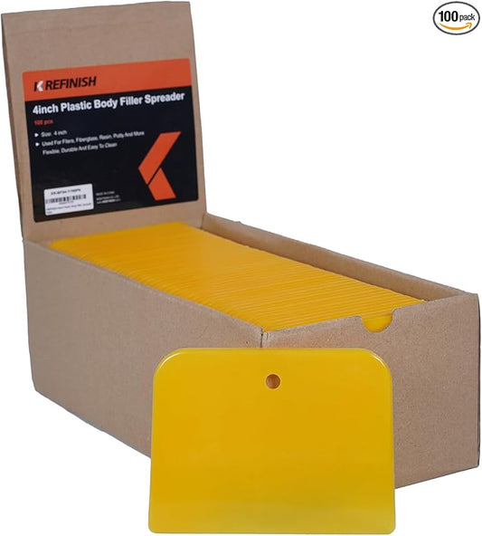 KREFINISH Body Filler Spreaders (Pack of 100) - 4" Yellow Reusable Plastic Spreader for Automotive Fillers, Putties, Glazes, Caulks and Paint