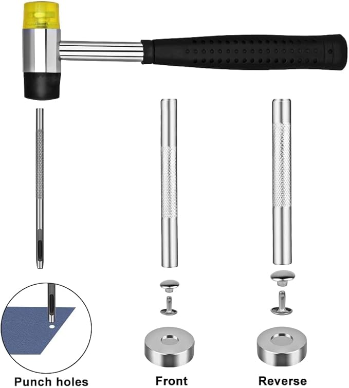 TLKKUE 240 Sets Rivets for Leather 3 Sizes Double Cap Rivets Tubular 4 Colors Leather Rivets with Rubber Hammer Fixing Tool Kit 4 Pieces for DIY Leather Craft Clothes Shoes Decoration and Repair