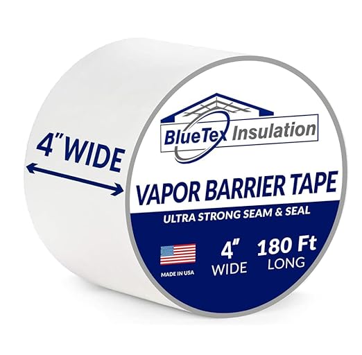 BlueTex Insulationㅤ 4'' Wide x 180' Long White Vapor Barrier Tape - 1 Roll, Waterproofing for Stucco, Crawlspaces, Repair, Underlayment Seams, Metal Building Seams, Excellent Air Barrier