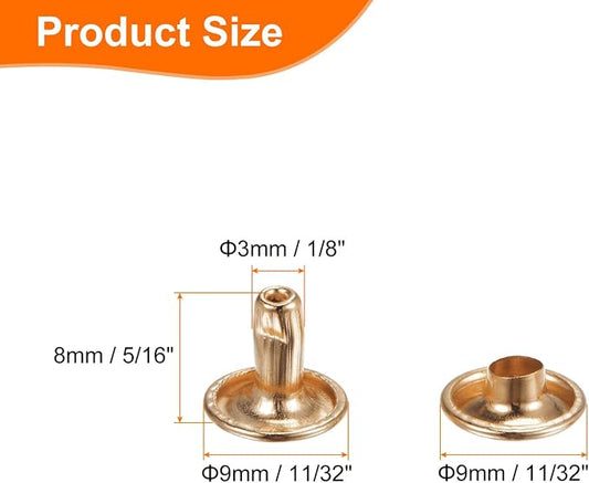 HARFINGTON 100 Sets Double Cap Leather Rivets, 9x8mm Round Cap Tubular Metal Studs Leather Crafting Rivets for Fabric Belt Pet Collar Boot Bag Repair and Decoration, Light Gold