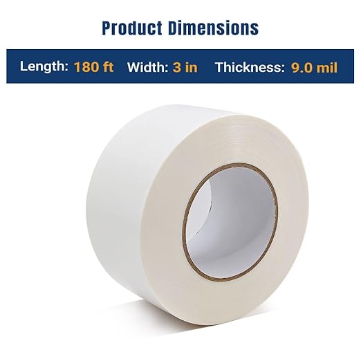 Vapor Barrier Tape, 3 in x 180 ft, High-Adhesion Waterproof Seam Tape for Crawl Spaces and Moisture Barriers, White Polyethylene Tape for Sealing Underlayment, Insulation, and Plastic Liners