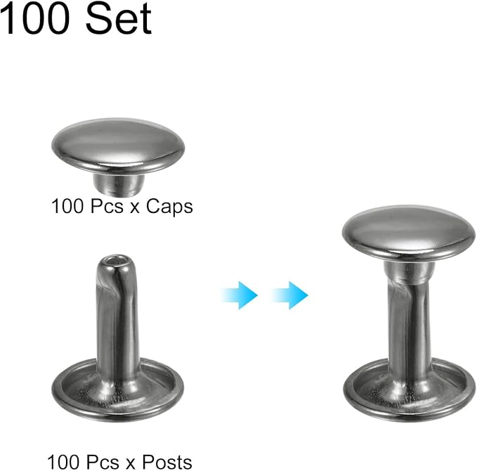 HARFINGTON 100 Sets Double Cap Leather Rivets, 9x10mm Round Cap Tubular Metal Studs Leather Crafting Rivets for Fabric Belt Pet Collar Boot Bag Repair and Decoration, Gunmetal