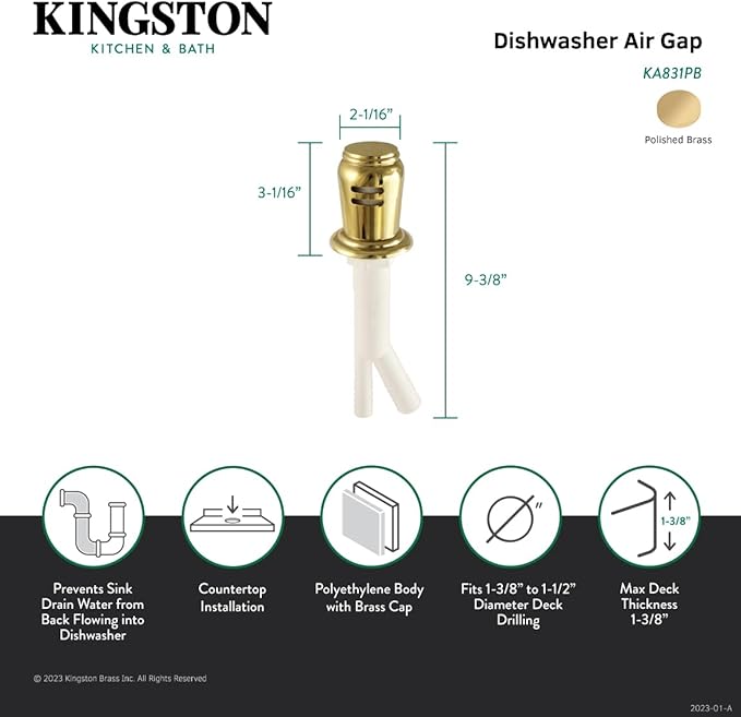 Kingston Brass KA831PB Trimscape Dishwasher Air Gap, Polished Brass