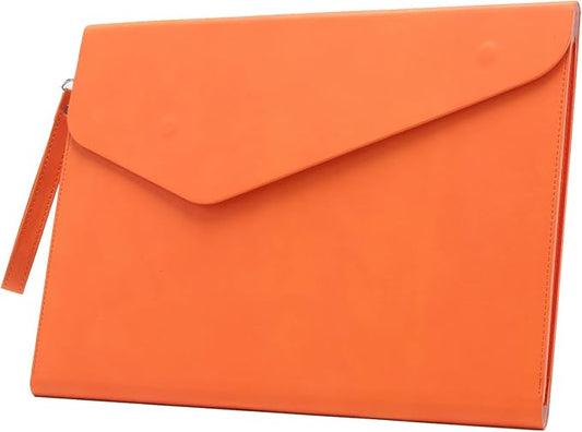 PU A4 Leather File Folder Document Holder Folder Stylish Portfolio Envelope Case with Strap and Invisible Magnetic Closure (Orange)