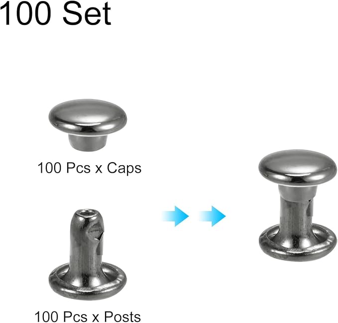 HARFINGTON 100 Sets Double Cap Leather Rivets, 6x6mm Round Cap Tubular Metal Studs Leather Crafting Rivets for Fabric Belt Pet Collar Boot Bag Repair and Decoration, Gunmetal