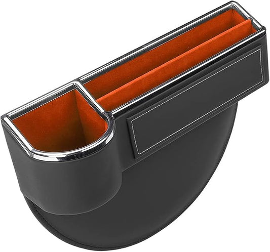 SANRILY Black Universal Car Seat Gap Filler Organizer with USB Hole Fashion PU Leather Multifunctional Car Center Console Organizer with Cup Holder 1 Pack