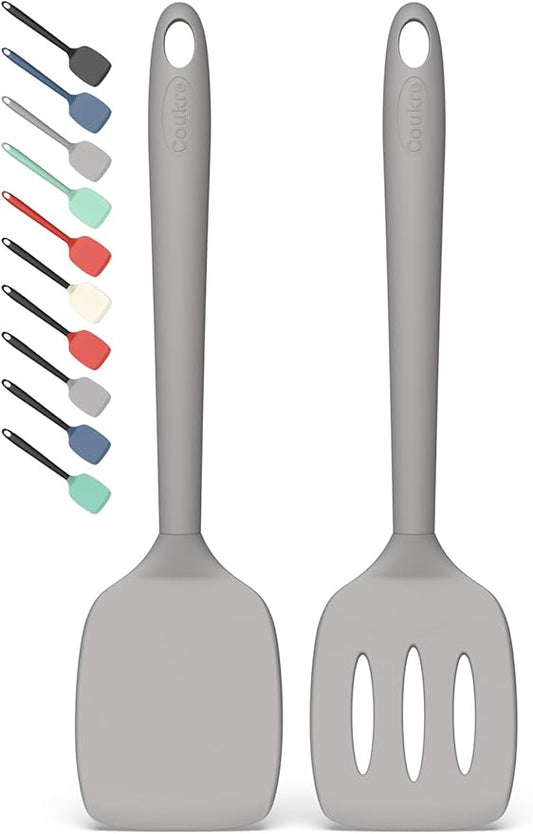 Coukre 2 Pack Silicone Spatula Set, High Heat Resistant, BPA Free Kitchen Spatula, Solid & Slotted Turner for Non-Stick Pans, Sautéing, and Flipping(2, PureGray)