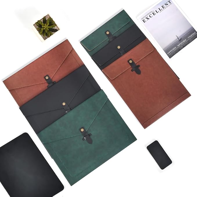 Black PU Leather Thick File Folder, Snap Closure File Organizer, Thickened Important Document Folder with Pockets, Document Organizer, Laptop Sleeve Notebook Case, A4 Envelopes Filing Folder