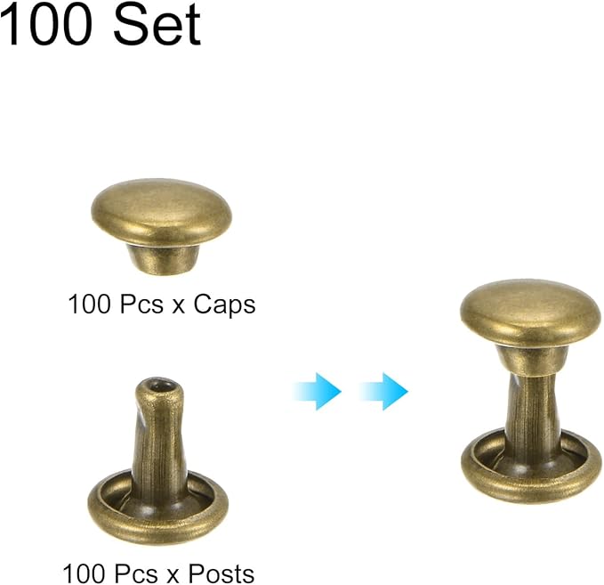 HARFINGTON 100 Sets Double Cap Leather Rivets, 6x6mm Round Cap Tubular Metal Studs Leather Crafting Rivets for Fabric Belt Pet Collar Boot Bag Repair and Decoration, Bronze