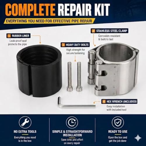 Pipe Repair Clamp，4 Inch(113mm-116mm) Stainless Steel Leak Sealer, Heavy Duty Pipe Leak Repair Kit for Metal & PVC Pipes, for Burst & Crack Water Pipe Emergency Maintenance