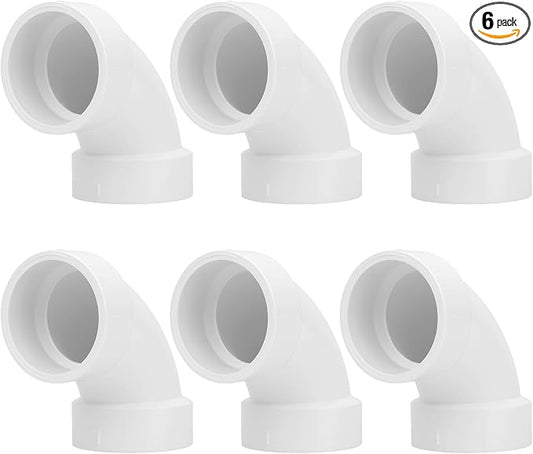 6Pack 1-1/2" PVC DWV Sanitary 90-Degree Elbow (Socket x Socket) White SCH40 1.50" PVC DWV 90° Elbow Pipe Fittings Connectors for Drain, Waste, Vent