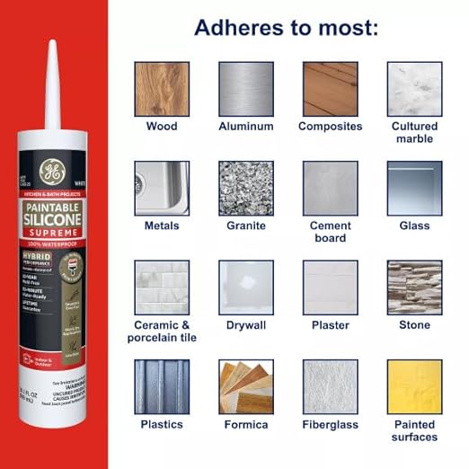 GE Supreme Paintable Silicone Caulk for Kitchen & Bathroom, White, 9.5 fl oz Cartridge, 1 Pack - 100% Waterproof Silicone Sealant, 7X Stronger Adhesion, Shrink & Crack Proof