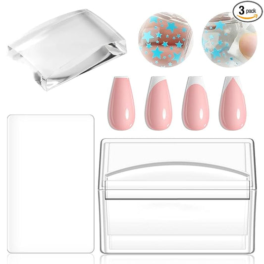 French Tip Nail Stamper, Clear Silicone French Tip Tool with Nail Scraper Alcohol-Washable Soft Jelly Stamp Head Manicure Guide for Gel Polish Printing Design Home Salon Nail Art Supplies