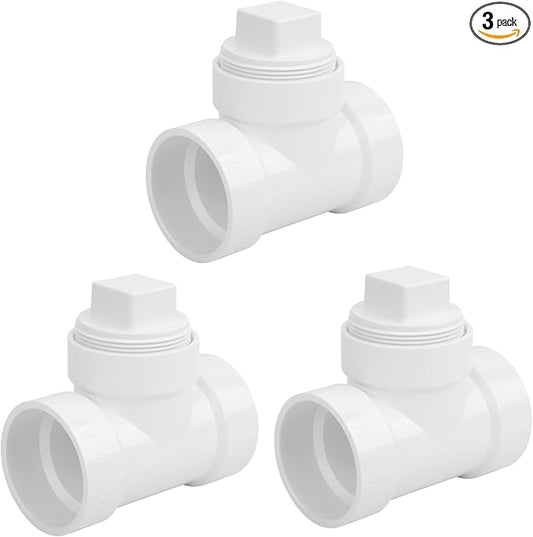 3Pack 2IN PVC DWV Cleanout Tee with Plug Pipe Fitting (Socket x Socket x FPT) SCH40 2IN DWV PVC Sewer Cleanout Tee with NPT Female Cap Cover for pipe, Drain, Waste, Vent
