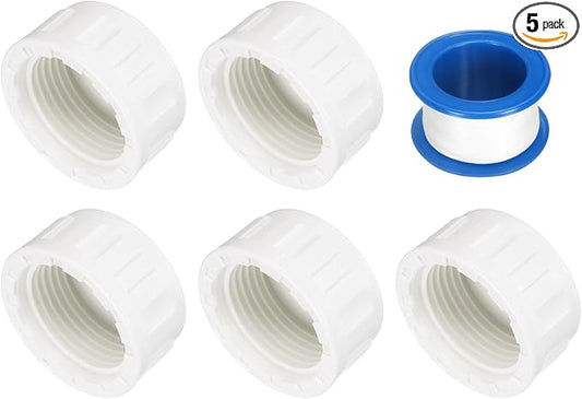 uxcell 5Pcs 1 Inch PT Female Thread PVC Pipe Fitting Cap, Cleanout Water Drain End Caps, Pipe Plug Socket Fittings with Tape for Water Heater Supply Lines, Plumbing, White