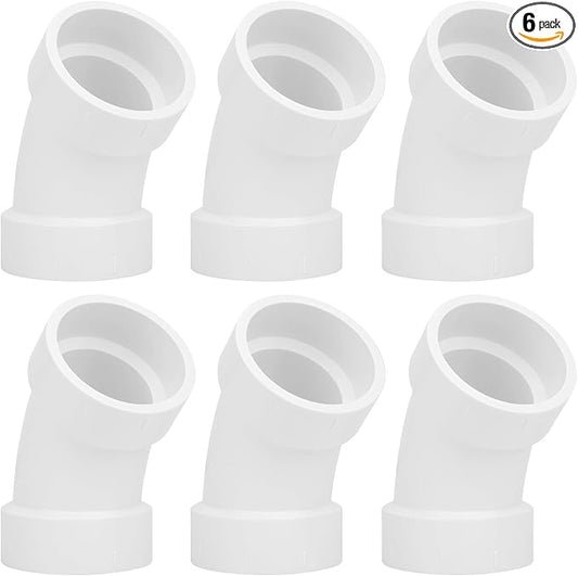 6Pack 1-1/2" PVC DWV Sanitary 45-Degree Elbow Pipe Fitting Connector (Socket x Socket) White SCH40 1.50" PVC DWV 45° Elbow Corner Adapter for Drain, Waste, Vent