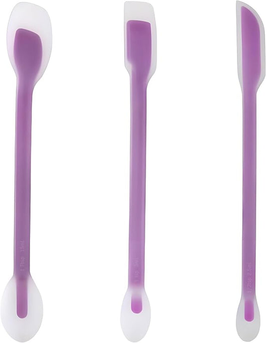 Long Handle Jar Scraper & Dual-Ended Silicone Spatula Spoon Set of 3 – Peanut Butter Spatula with Measuring Scale (1 Tbsp, 1 Tsp, 1/2 Tsp) for Deep Jars, Jam, Mayo, Blender Cups (purple)