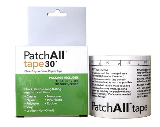 PatchAll Kit Clear Polyurethane Adhesive Vinyl Repair Patch Tape Kit, Waterproof, Airtight Patches for Canvas Tent, Boat Upholstery, Car Seat, Leather Furniture, Hole, Awning, and More, 3" x 30' Roll