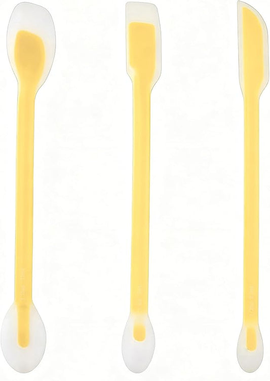 Long Handle Jar Scraper & Dual-Ended Silicone Spatula Spoon Set of 3 – Peanut Butter Spatula with Measuring Scale (1 Tbsp, 1 Tsp, 1/2 Tsp) for Deep Jars, Jam, Mayo, Blender Cups (yellow)