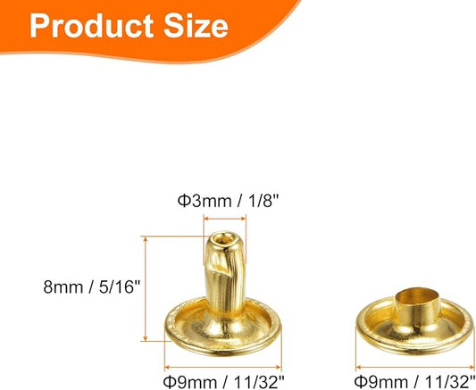 HARFINGTON 100 Sets Double Cap Leather Rivets, 9x8mm Round Cap Tubular Metal Studs Leather Crafting Rivets for Fabric Belt Pet Collar Boot Bag Repair and Decoration, Gold