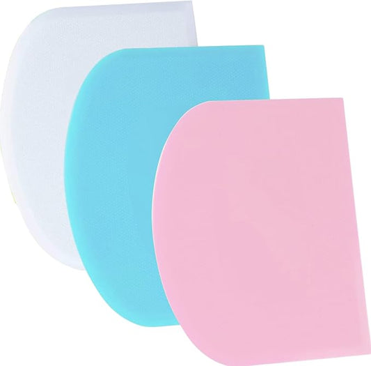 SURDOCA Dough Scraper Bench Scraper - 3P 10.6x6.7" Plastic Flexible Bowl Scraper, Sharp Edge & Angles Cake Scraper. Non-Slip Bakeware Decorating Tools Sculpting & Modeling Tools - Blue+White+Pink
