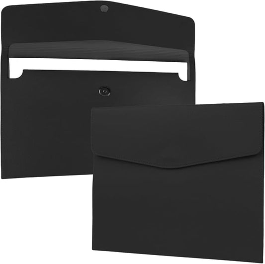 MultiBey PU Leather A4 Document Holder File Organizer with Snap Closure, Waterproof/Water‑Resistant A4 & Letter Size Envelope Folder 13 x 9.5 in - Holds up to 100 Sheets (Black)