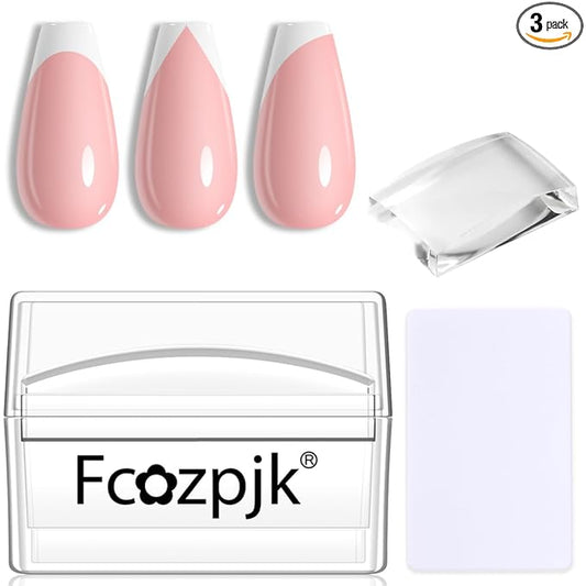 Fcozpjk French Tip Tool, 3PCS Clear Silicone Nail Art Stamper Scraper Kit with Replacement Soft Jelly Stamp Head Quick French Tip Manicure Guides Stamping Polish Printing Design Salon Supplies