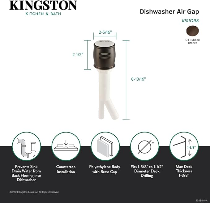 Kingston Brass K511ORB Heritage Dishwasher Air Gap, Oil Rubbed Bronze