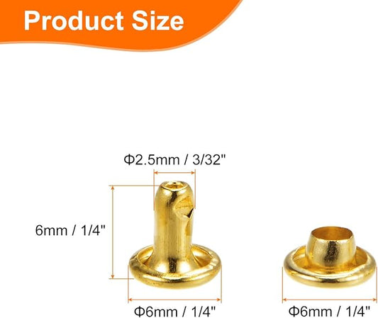 HARFINGTON 100 Sets Double Cap Leather Rivets, 6x6mm Round Cap Tubular Metal Studs Leather Crafting Rivets for Fabric Belt Pet Collar Boot Bag Repair and Decoration, Gold