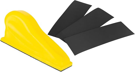 Performance Tool W60115 1 in. Detail Sanding Kit - Includes 10 Sheets of 400, 1,000, and 1,500-grit Sandpaper, Contoured Handle, Silicon Carbide, Wet and Dry Sanding, Yellow