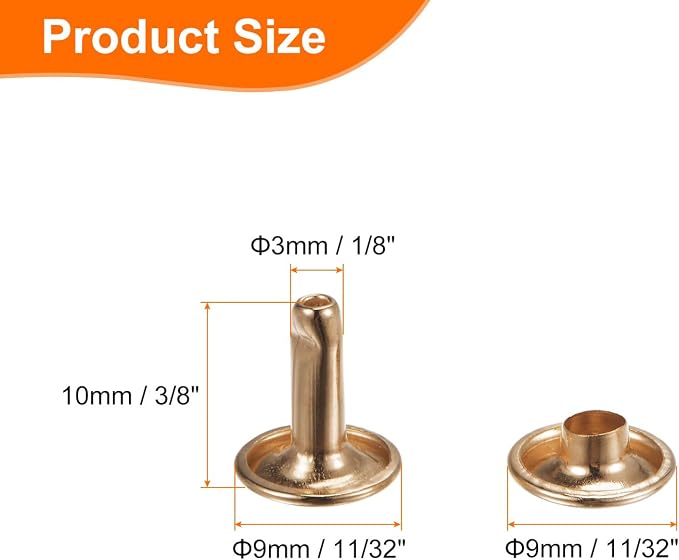 HARFINGTON 100 Sets Double Cap Leather Rivets, 9x10mm Round Cap Tubular Metal Studs Leather Crafting Rivets for Fabric Belt Pet Collar Boot Bag Repair and Decoration, Light Gold