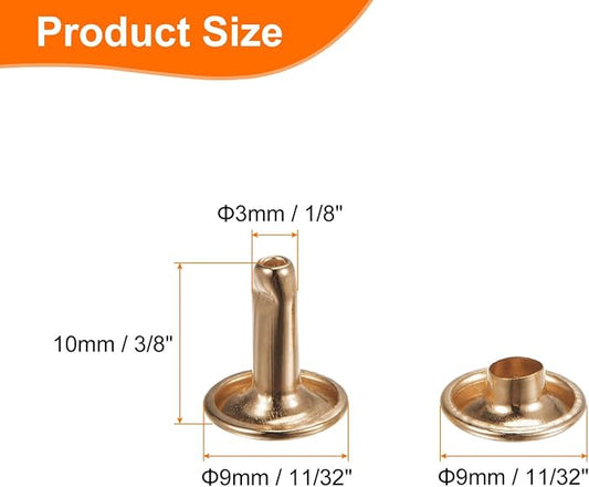 HARFINGTON 100 Sets Double Cap Leather Rivets, 9x10mm Round Cap Tubular Metal Studs Leather Crafting Rivets for Fabric Belt Pet Collar Boot Bag Repair and Decoration, Light Gold