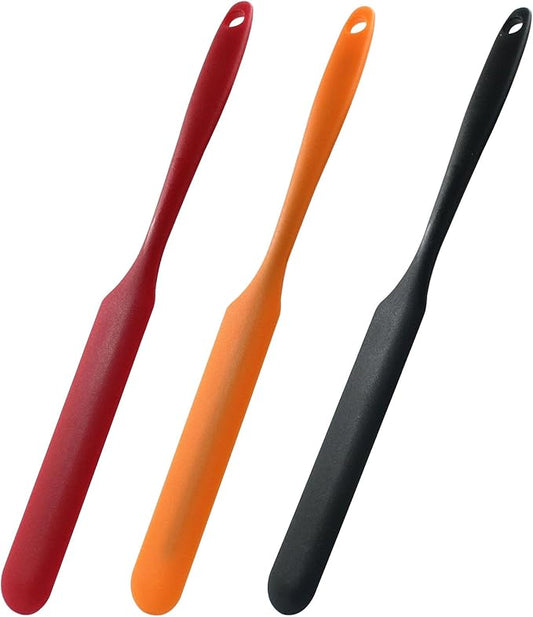 Hitefu 3 Pcs Silicone Jar Spatulas, Non-Stick Scraper Tools for Baking Cake & Spraying Butter Cream (Black, Red & Orange)