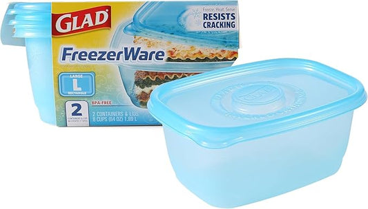 Glad GladWare FreezerWare Food Storage Containers with Lids, Large Rectangle BPA Free Plastic for Freezing Soups Meals and Batch Cooking, Crack Resistant, Microwave Dishwasher Safe, 64 Oz, 2 Count