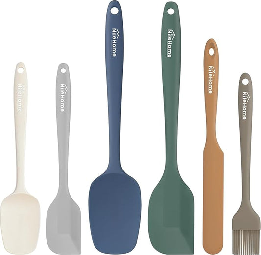 NileHome Silicone Spatula Set, 6 Pieces Food Grade Kitchen Utensils with Silicone Brush Heat Resistant Dishwasher Safe BPA-Free Rubber Spatula for Scraping, Baking, Cooking, Mixing-Forest Style