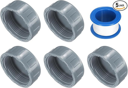 uxcell 5Pcs 1-1/2 Inch PT Female Thread PVC Pipe Fitting Cap, Cleanout Water Drain End Caps, Pipe Plug Socket Fittings with Tape for Water Heater Supply Lines, Plumbing, Gray