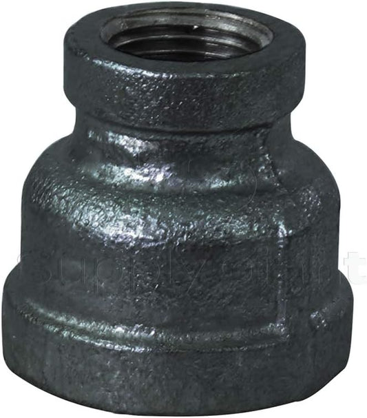 Black Malleable Iron Reducing Coupling Adapter Female Threads 1/2 Inch x 1/4 Inch